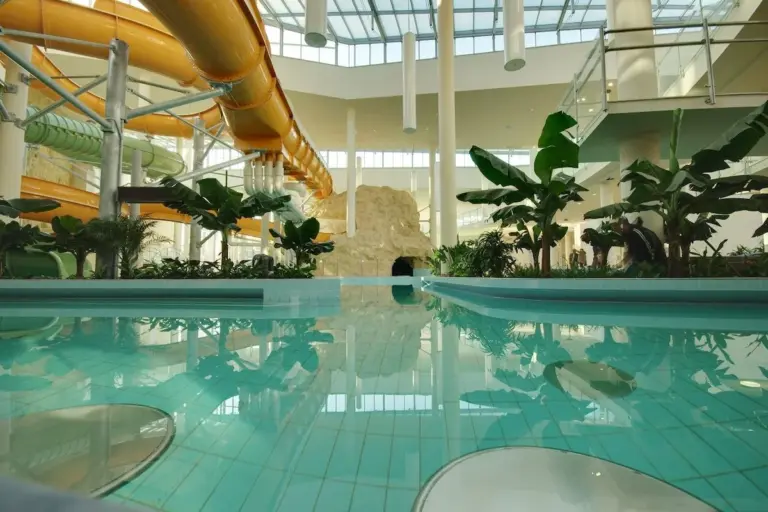 Az Aqua Palota beltéri medencéi trópusi növényekkel
